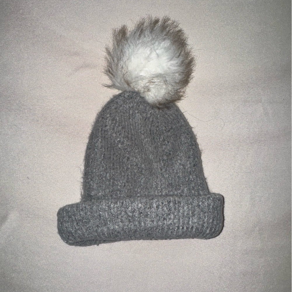 FUR ball WINTER beanie, Grey long length foldable, urban outfitters brand